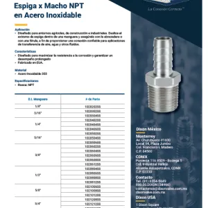 Serie 102 Espiga x Macho NPT en Acero Inoxidable