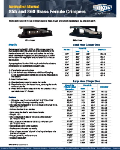 855 and 860 Brass Ferrule Crimpers Instruction Manual