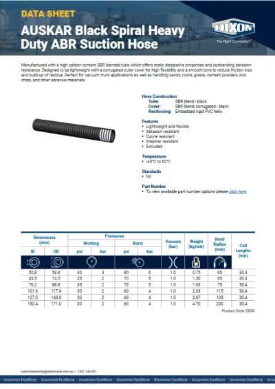 Data Sheet: AUSKAR Black Spiral Heavy Duty ABR Suction Hose